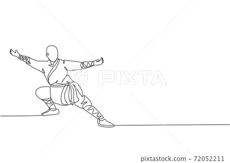 One continuous line drawing of young shaolin monk man practice kung fu style at temple ground . Traditional Chinese combative sport concept. Dynamic single line draw design vector graphic illustration One continuous line drawing of young shaolin monk man practice kung fu style at temple ground . Traditional Chinese combative sport concept. Dynamic single line draw design vector graphic illustration 72052211