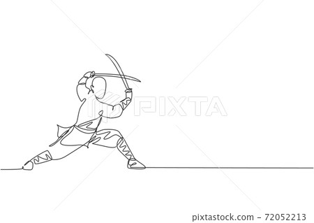 Single continuous line drawing of young muscular shaolin monk man holding sword train at shaolin temple. Traditional Chinese kung fu fight concept. Trendy one line draw design vector illustration Single continuous line drawing of young muscular shaolin monk man holding sword train at shaolin temple. Traditional Chinese kung fu fight concept. Trendy one line draw design vector illustration 72052213