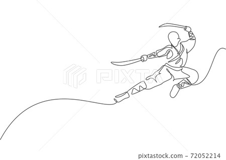 Single continuous line drawing of young muscular shaolin monk man holding sword and train jumping kick at temple. Traditional Chinese kung fu fight concept. One line draw design vector illustration Single continuous line drawing of young muscular shaolin monk man holding sword and train jumping kick at temple. Traditional Chinese kung fu fight concept. One line draw design vector illustration 72052214
