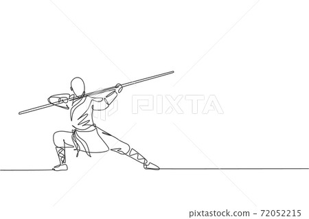 One single line drawing of young energetic shaolin monk man exercise kung fu fighting with stick at temple vector illustration. Ancient Chinese martial art sport concept. Continuous line draw design One single line drawing of young energetic shaolin monk man exercise kung fu fighting with stick at temple vector illustration. Ancient Chinese martial art sport concept. Continuous line draw design 72052215