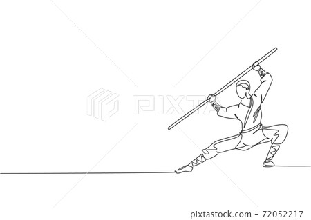 One continuous line drawing young shaolin monk man practice kung fu using long staff at temple ground. Traditional Chinese combative sport concept. Single line draw design graphic vector illustration One continuous line drawing young shaolin monk man practice kung fu using long staff at temple ground. Traditional Chinese combative sport concept. Single line draw design graphic vector illustration 72052217