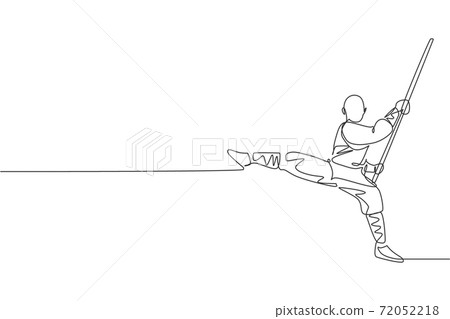 One single line drawing of young energetic shaolin monk man exercise kung fu fighting with stick at temple vector illustration. Chinese martial art sport concept. Modern continuous line draw design One single line drawing of young energetic shaolin monk man exercise kung fu fighting with stick at temple vector illustration. Chinese martial art sport concept. Modern continuous line draw design 72052218