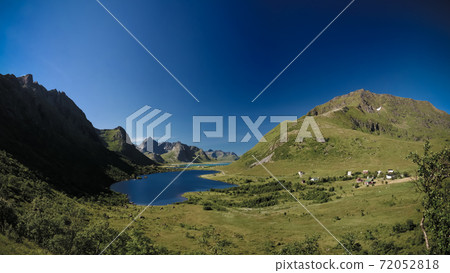 Panoramic view to Storvatnet and Litlvatnet lakes at Flakstadoya Island, Lofoten, Norway 72052818