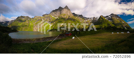 Landscape panoramic view to Eidevatnet lake , Austvagoy, Lofoten, Norway 72052896