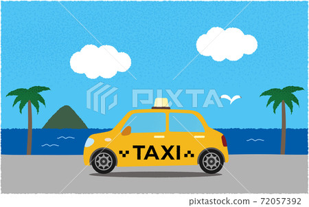 Vector illustration of a yellow taxi on the road by the sea 72057392