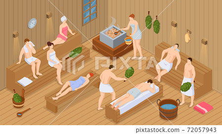 Isometric sauna or spa. Collection of people bathing in sauna or banya full of steam 72057943