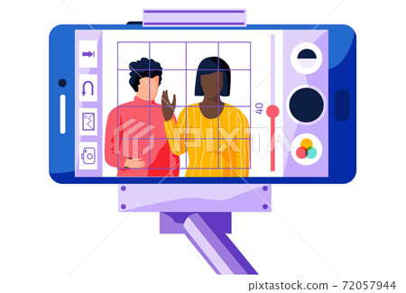 Afro american woman is waving hand on phone screen. A man in a red sweater stands next to a girl Afro american woman is waving hand on phone screen. A man in a red sweater stands next to a girl 72057944