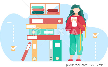 Woman standing near stack of folders preparing for measurements for future dress. Sewing workshop Woman standing near stack of folders preparing for measurements for future dress. Sewing workshop 72057945