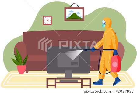 A man from epidemiological service doing disinfection in livingroom to kill viruses and bacteria 72057952