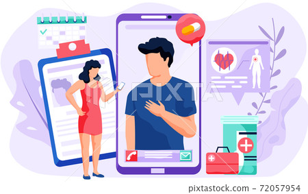 Patients for online consultation. Phone video call to doctor. Girl standing with a smartphone Patients for online consultation. Phone video call to doctor. Girl standing with a smartphone 72057954
