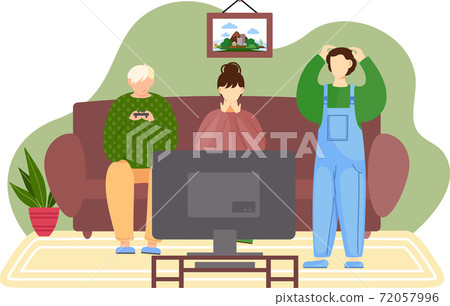 Family sitts on couch and plays game on the console. People resting at home. Pastime in guest room 72057996