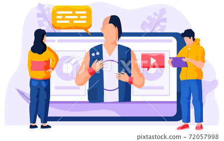 Video tutorial concept. Businessman is pressing play button. The girl is watching a movie Video tutorial concept. Businessman is pressing play button. The girl is watching a movie 72057998