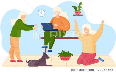Working from home. Young woman sitting with laptop in her apartment. Girl is playing with a dog Working from home. Young woman sitting with laptop in her apartment. Girl is playing with a dog 72058363