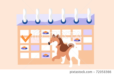 Animal care, dog feeding, cute spotted puppy next to the meal schedule with food bowls marked Animal care, dog feeding, cute spotted puppy next to the meal schedule with food bowls marked 72058366
