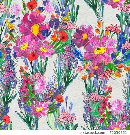 Seamless pattern with flowers. Watercolor or acrylic painting. Hand drawn floral background. Seamless pattern with flowers. Watercolor or acrylic painting. Hand drawn floral background. 72059861