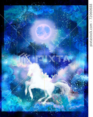 Fantastic illustration of dream cute unicorn and moon and western castle and clouds Fantastic illustration of dream cute unicorn and moon and western castle and clouds 72060688