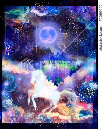 夢想可愛的獨角獸和月亮和西方城堡和雲層的夢幻般的插圖 夢想可愛的獨角獸和月亮和西方城堡和雲層的夢幻般的插圖 72060692