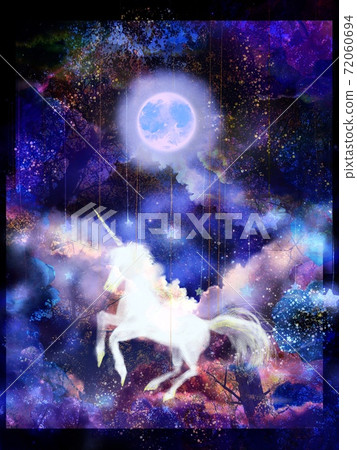 夢想可愛的獨角獸和月亮和西方城堡和雲層的夢幻般的插圖 夢想可愛的獨角獸和月亮和西方城堡和雲層的夢幻般的插圖 72060694