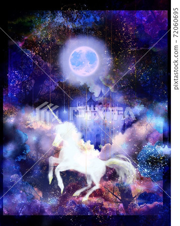 夢想可愛的獨角獸和月亮和西方城堡和雲層的夢幻般的插圖 夢想可愛的獨角獸和月亮和西方城堡和雲層的夢幻般的插圖 72060695