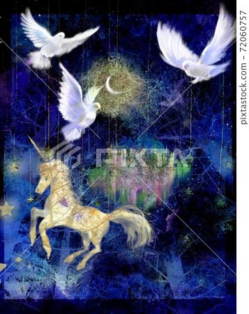 三隻鴿子在月球上飛來飛去的插圖,獨角獸在雲層上奔跑,還有一座西方城堡 三隻鴿子在月球上飛來飛去的插圖,獨角獸在雲層上奔跑,還有一座西方城堡 72060757