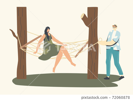 Male and Female Characters Relax on Wicker Furniture Outdoors. Woman Sit on Suspended Hammock in Garden, Outdoor Decor Male and Female Characters Relax on Wicker Furniture Outdoors. Woman Sit on Suspended Hammock in Garden, Outdoor Decor 72060878