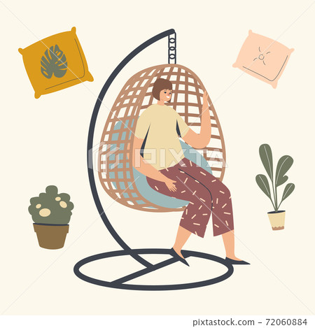 Female Character Relaxing in Wicker Suspended Chair. Woman Use Modern Decor Design Made of Natural Materials for Garden Female Character Relaxing in Wicker Suspended Chair. Woman Use Modern Decor Design Made of Natural Materials for Garden 72060884