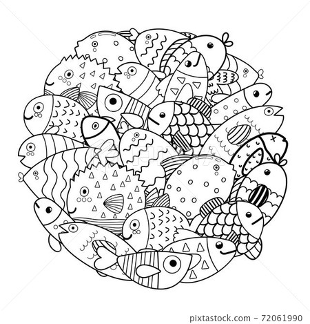 Circle shape coloring page with cute fish. Sea life animals black and white print Circle shape coloring page with cute fish. Sea life animals black and white print 72061990