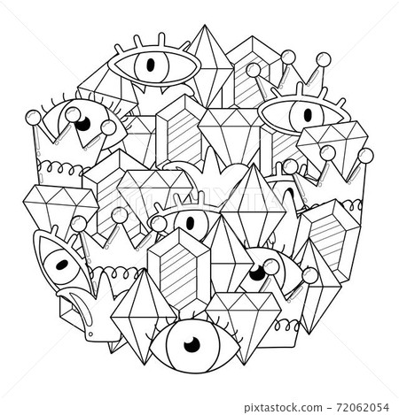 Circle shape coloring page with crystals and eyes. Mysterious doodle mandala Circle shape coloring page with crystals and eyes. Mysterious doodle mandala 72062054