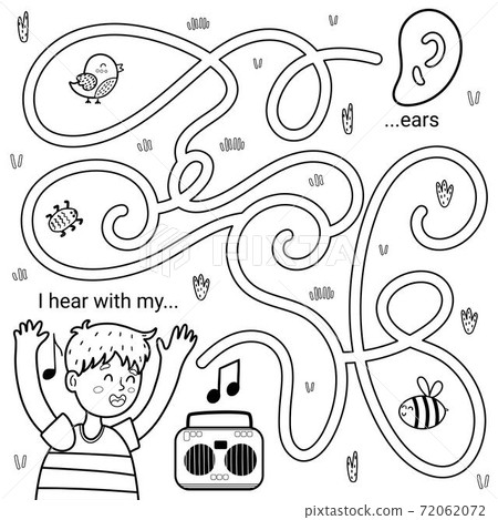 I can hear with my ears black and white maze game for kids. Five senses labyrinth I can hear with my ears black and white maze game for kids. Five senses labyrinth 72062072