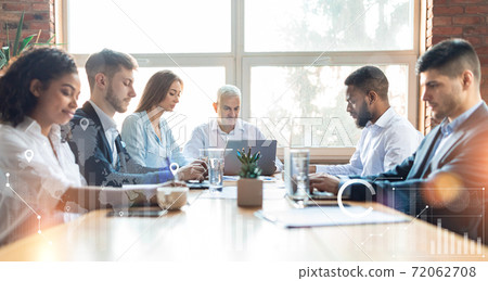 Business team with modern gadgets on meeting at conference room, collage Business team with modern gadgets on meeting at conference room, collage 72062708