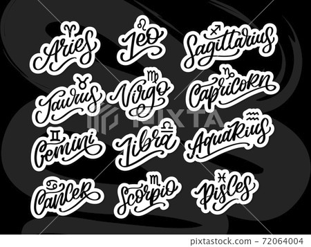 Zodiac lettering Vector Sign. Cartoon astrology text illustration. Horoscope handwritten icon set. 72064004