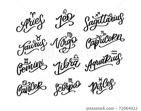 Zodiac lettering Vector Sign. Cartoon astrology text illustration. Horoscope handwritten icon set. Zodiac lettering Vector Sign. Cartoon astrology text illustration. Horoscope handwritten icon set. 72064022