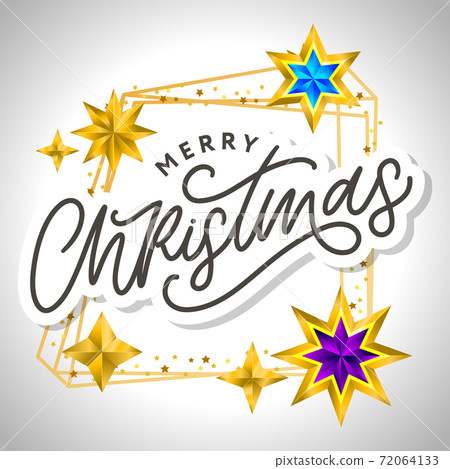 Merry Christmas card with hand drawn lettering and stars on dark background. Cute Holiday golden frame background Merry Christmas card with hand drawn lettering and stars on dark background. Cute Holiday golden frame background 72064133