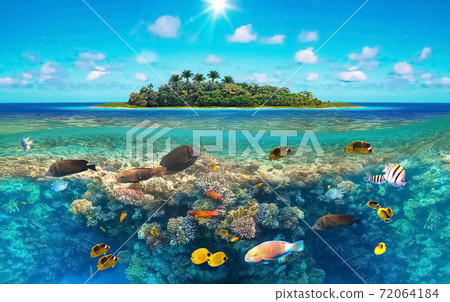 Beautiful sunny tropical beach on the island paradise in the middle of the sea Beautiful sunny tropical beach on the island paradise in the middle of the sea 72064184