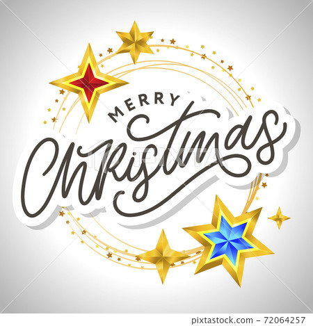 Merry Christmas card with hand drawn lettering and stars on dark background. Cute Holiday golden frame background Merry Christmas card with hand drawn lettering and stars on dark background. Cute Holiday golden frame background 72064257