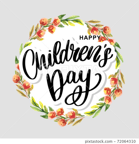 happy children's day, cute vector greeting card with funny letters in scandinavian style and cartoon landscape 72064310
