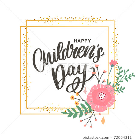 happy children's day, cute vector greeting card with funny letters in scandinavian style and cartoon landscape 72064311