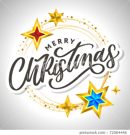 Merry Christmas card with hand drawn lettering and stars on dark background. Cute Holiday golden frame background 72064446
