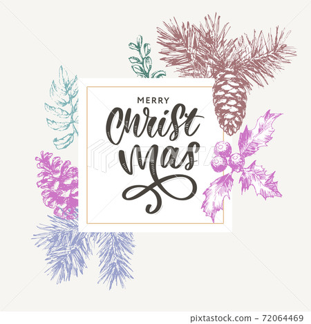 Christmas Poster - Illustration. Lettering Vector illustration of Christmas Frame with branches of christmas tree. 72064469
