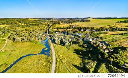 Aerial landscape of Russian Chernozemye. Stoyanova village, Kursk region 72064494