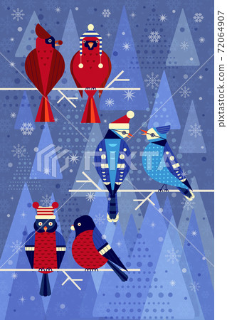 Backyard Winter Flat Birds in Funny Hats 72064907