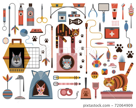 Cat Accessories and Pet Supplies Icon Set 72064909