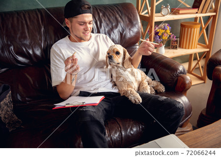 Young man sitting on sofa at home with his cute dog. Cozy office workplace, remote work, online, e-learning concept. Young man sitting on sofa at home with his cute dog. Cozy office workplace, remote work, online, e-learning concept. 72066244