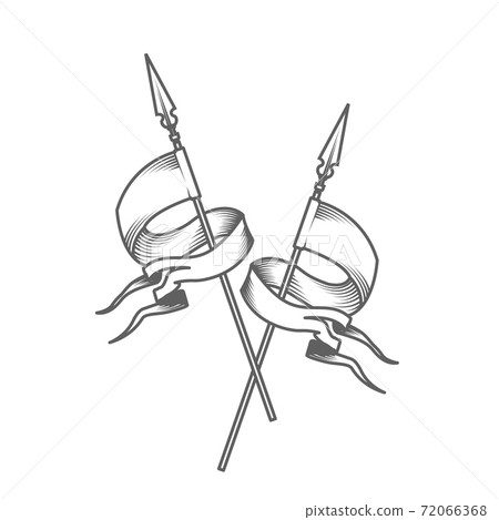 Two crossed heraldic flags, medieval style banners, royal pennant in engraved style fluttering in the wind, vector Two crossed heraldic flags, medieval style banners, royal pennant in engraved style fluttering in the wind, vector 72066368