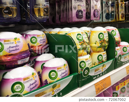 KUALA LUMPUR, MALAYSIA - OCTOBER 14, 2019: Various brand of car perfumes display for sale on the rack inside the supermarket. Sorted by the brand to make easy for the customer to choose. KUALA LUMPUR, MALAYSIA - OCTOBER 14, 2019: Various brand of car perfumes display for sale on the rack inside the supermarket. Sorted by the brand to make easy for the customer to choose. 72067002