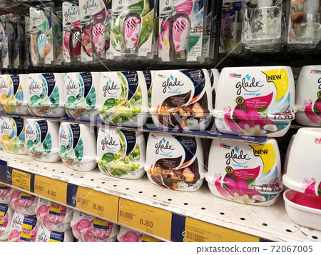 KUALA LUMPUR, MALAYSIA - OCTOBER 14, 2019: Various brand of car perfumes display for sale on the rack inside the supermarket. Sorted by the brand to make easy for the customer to choose. 72067005