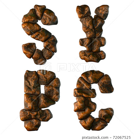 Set of rocky symbols dollar, yen, rouble and euro. Font of stone on white background. 3d 72067525