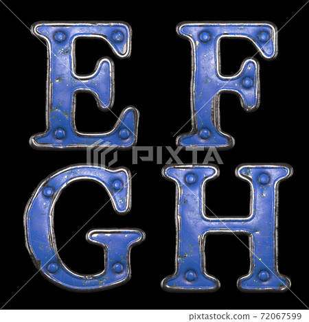 Set of uppercase letters E, F, G, H made of painted metal with blue rivets on black background. 3d Set of uppercase letters E, F, G, H made of painted metal with blue rivets on black background. 3d 72067599