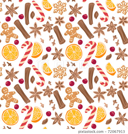 Decorative vector seamless pattern with spices, fruit and pastry. 72067913