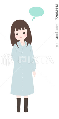 用食指在下巴上思考的年輕女子的全身[無主線] 72068448
